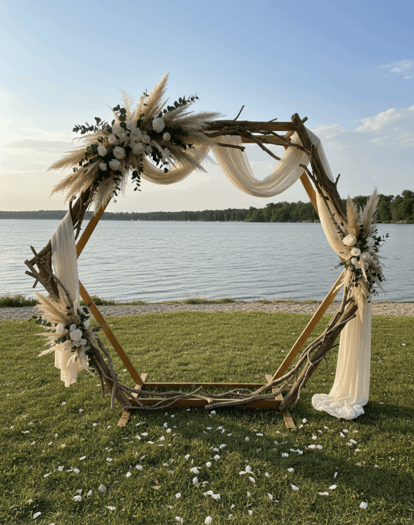 Hexagonförmiger Traubogen der freien Traurednerin Vanessa Grasser an einem Seeufer. Er ist geschmückt mit hellen Tüchern und Blumen.