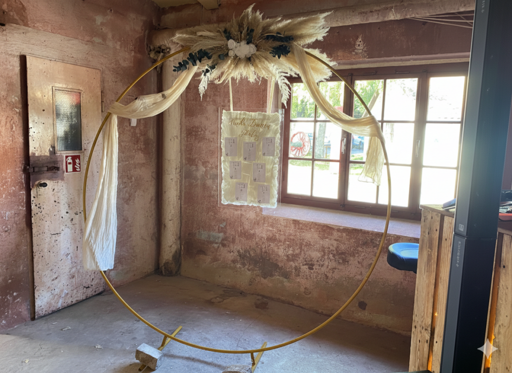 Runder, goldener Traubogen dekoriert mit großen Trockenblumengesteck