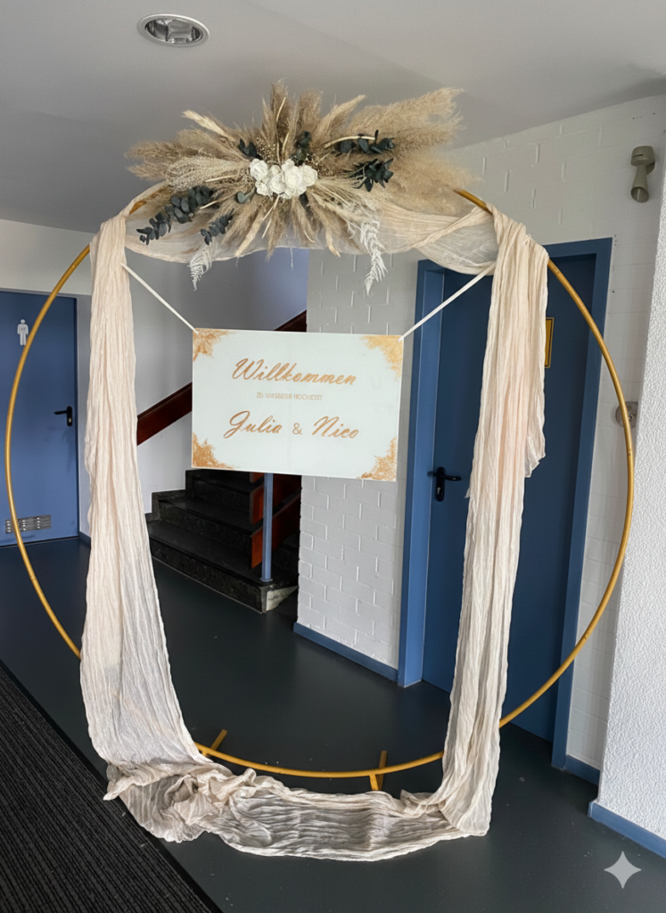 Runder, goldener Traubogen dekoriert mit Willkommensschild, weißem Schal und großen Trockenblumengesteck
